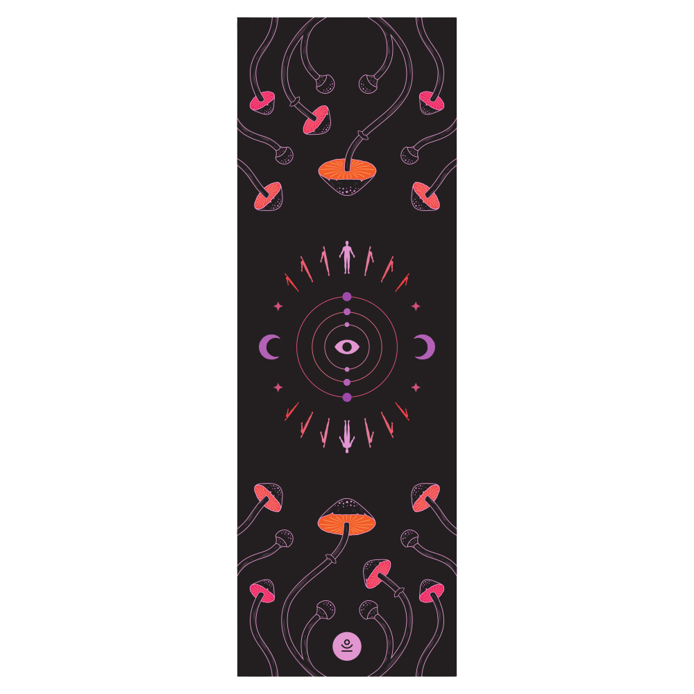 czarna mata do jogi kauczukowa z grzybami z różowym wzorem 