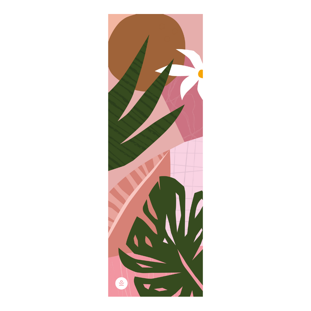 kolorowa różowa mata do jogi w tropikalne wzory